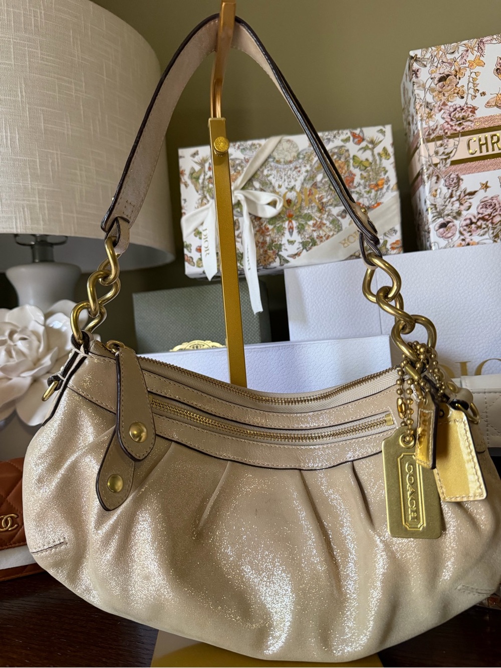 Coach Metallic Champagne Leather Hobo with Gold Hardware